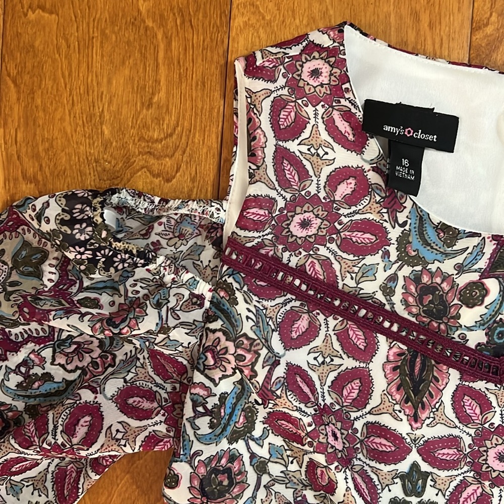 Amy’s Closet Burgundy Floral Cold Shoulder Dress Size 16 3/4 Sleeve Wedding - Picture 2 of 8